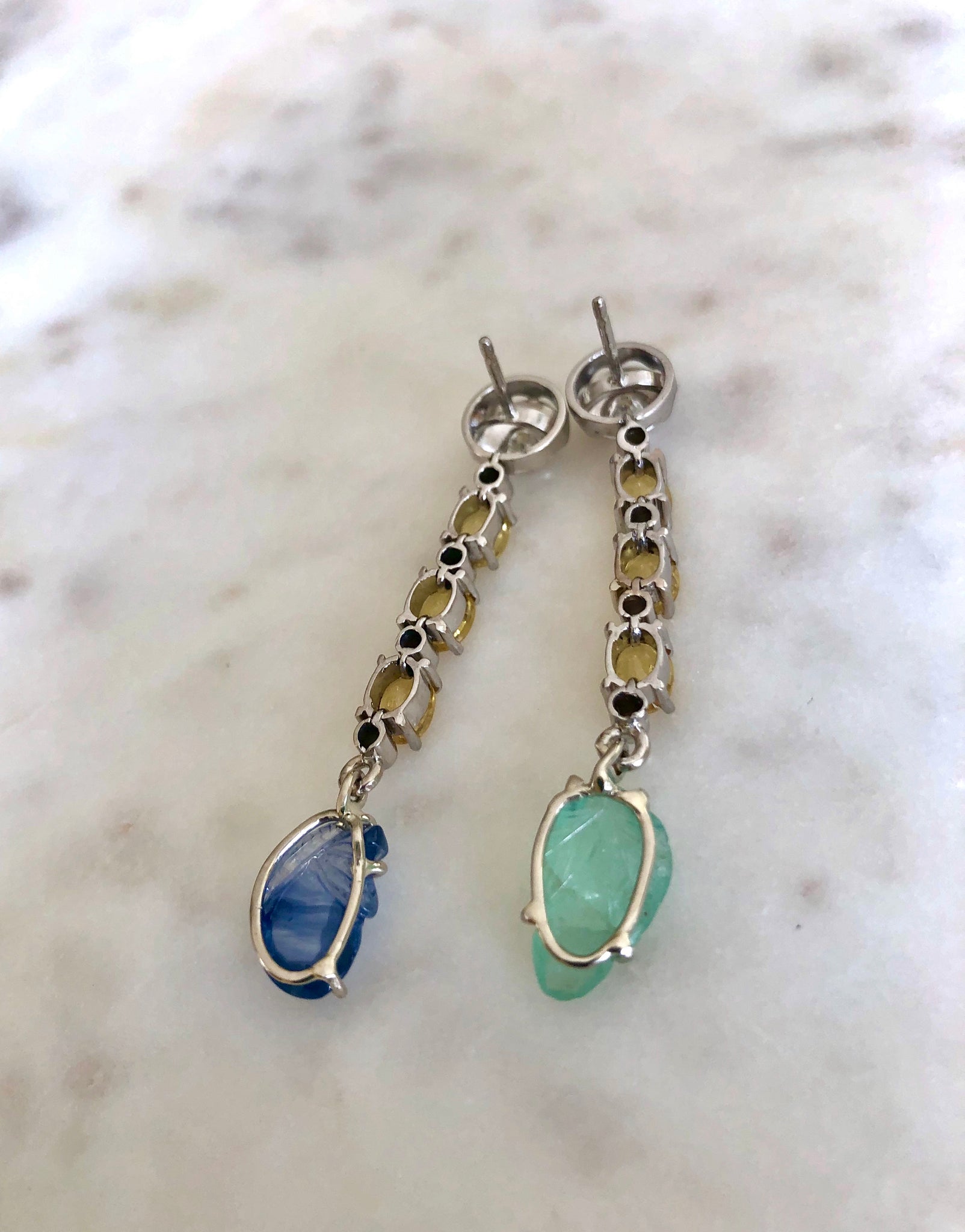 Sapphire Emerald and Diamond Drop 18 Karat Gold Earrings