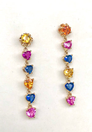 Dangle Sapphire Multi-Color Heart Cut Drop Earrings Gold