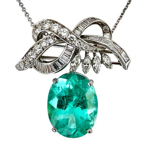 18.76 Carat Certified Colombian Emerald and Diamond Platinum Brooch Pendant