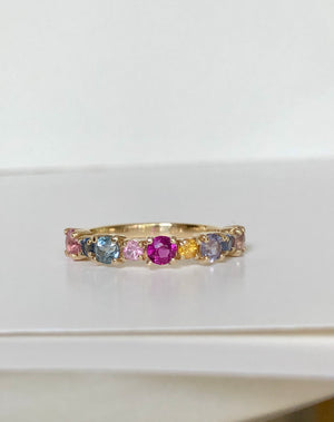 Multi-Color Sapphires Half Eternity Wedding Band Yellow Gold