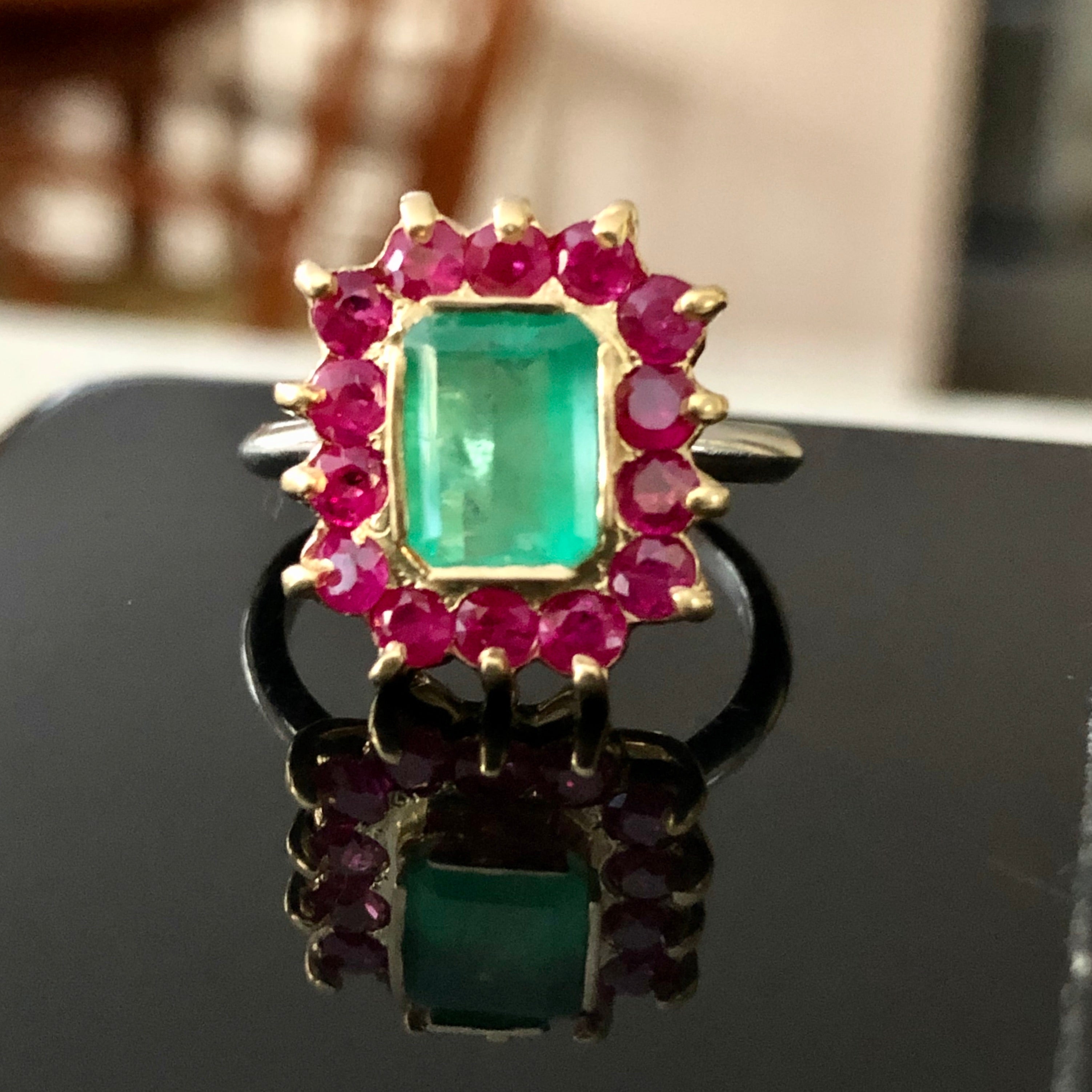 Carat Vintage Emerald Ruby Cocktail Ring 18K and Platinum