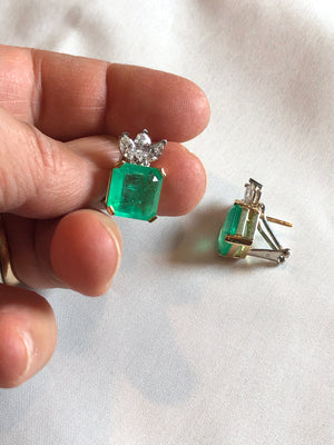 12.20 Carat Certified Square Colombian Emerald and Diamond Earrings