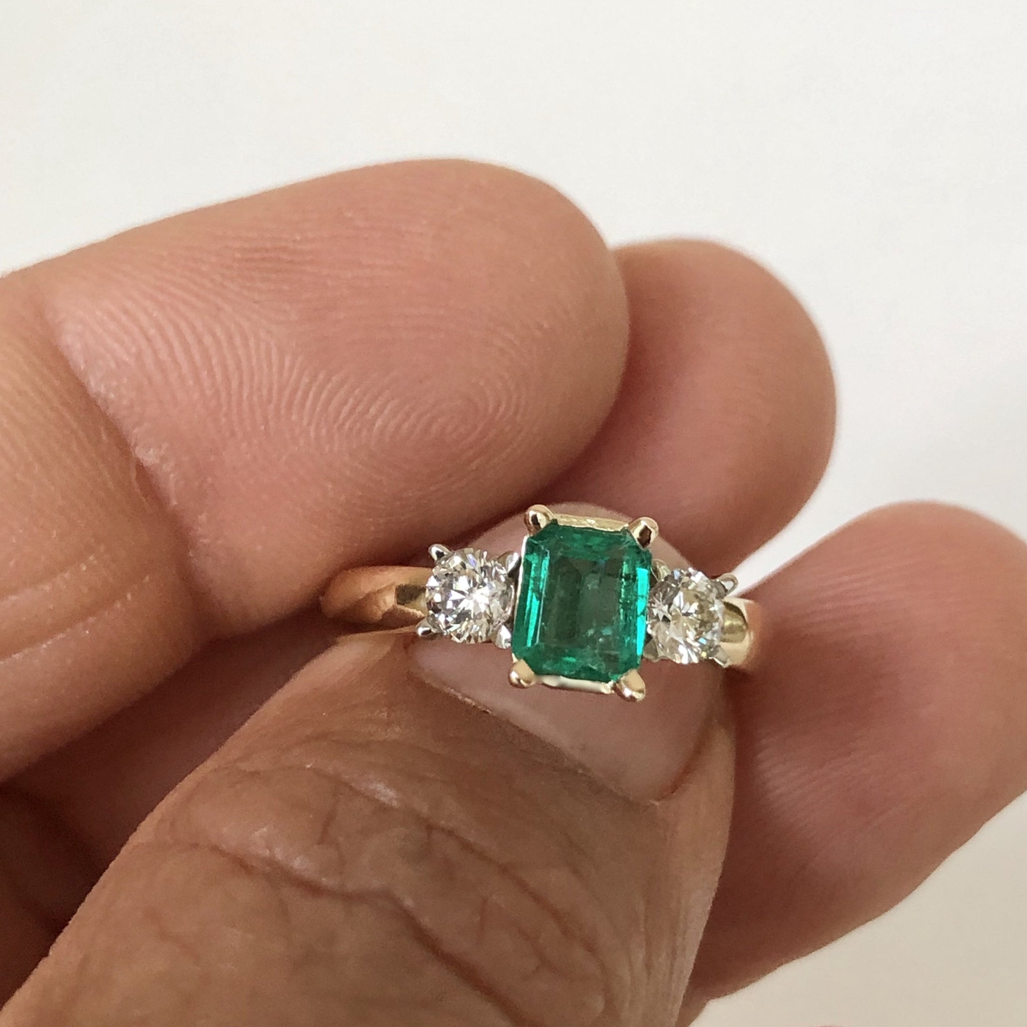 Colombian Emerald Diamond Three Stone Engagement Ring 18K