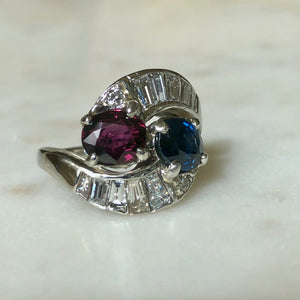 4.25CT Vintage Ruby Sapphire Diamond Crossover Bypass Platinum Engagement Ring