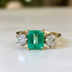 1.83 Carat Natural Colombian Emerald and Diamond Three-Stone Ring 18K