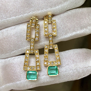 2.80 Carat Deco Style Natural Colombian Emerald Diamond Drop Earrings 18K