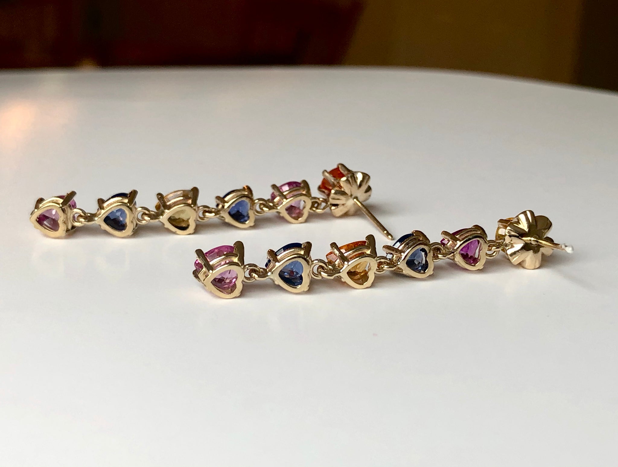Dangle Sapphire Multi-Color Heart Cut Drop Earrings Gold