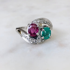 Antique Art Deco Emerald Ruby Diamond Platinum Engagement Ring