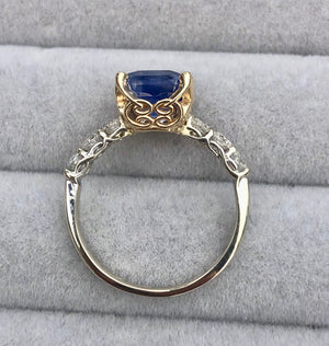 Sri Lanka Ceylon Blue Sapphire Radiant and Diamond Ring Gold