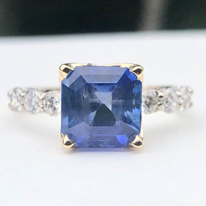 Sri Lanka Ceylon Blue Sapphire Radiant and Diamond Ring Gold