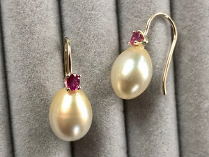 Australian Pearl Earrings with Ruby 14 Karat Yellow Gold