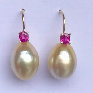 Australian Pearl Earrings with Ruby 14 Karat Yellow Gold