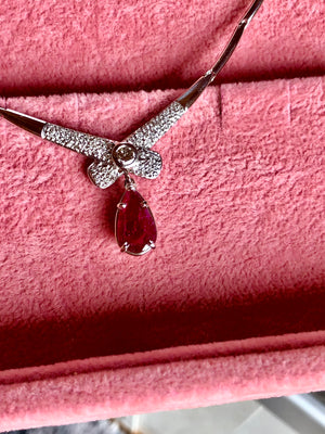 Natural Ruby Diamond Drop Necklace Estate 14 Karat White Gold