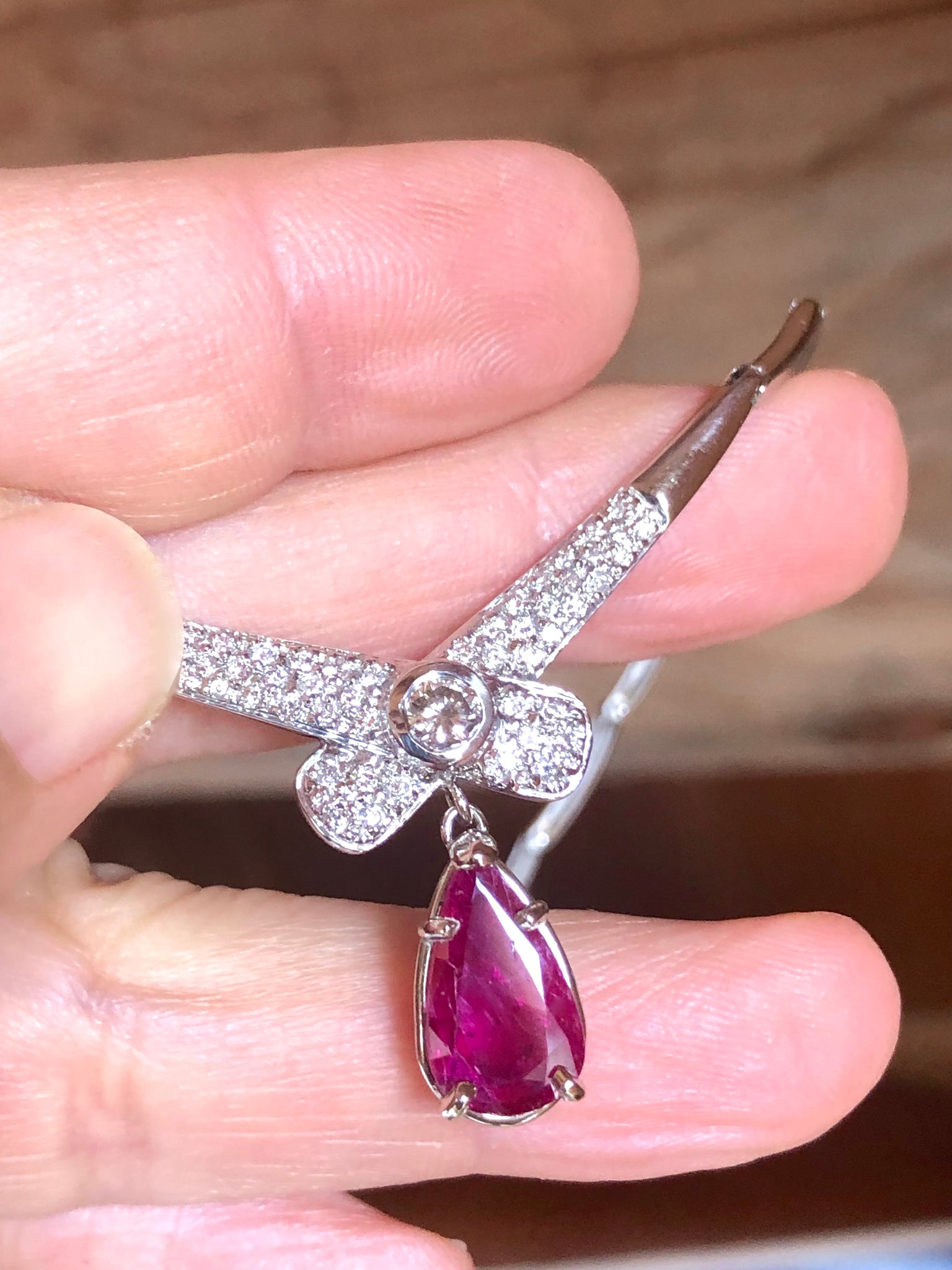 Natural Ruby Diamond Drop Necklace Estate 14 Karat White Gold
