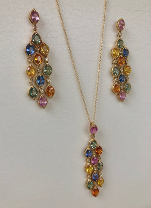 14.50 Carat Sapphire Diamonds Chandelier Earrings Pendant Set 14 Karat
