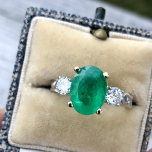 Estate 3.30 Emerald and Diamond Engagement Ring Three-Stone 14K