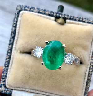 Estate 3.30 Emerald and Diamond Engagement Ring Three-Stone 14K