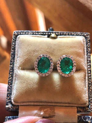 2.10 Carat Oval Colombian Emerald Diamond 18 Karat Gold Stud Earrings