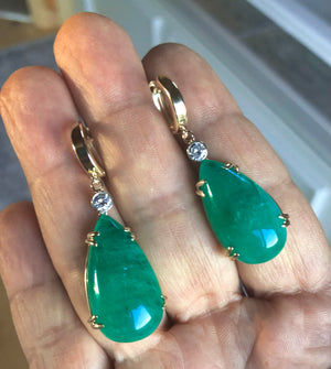 Certified 36.00 Carat Colombian Emerald Diamond 18 Karat Drop Earrings