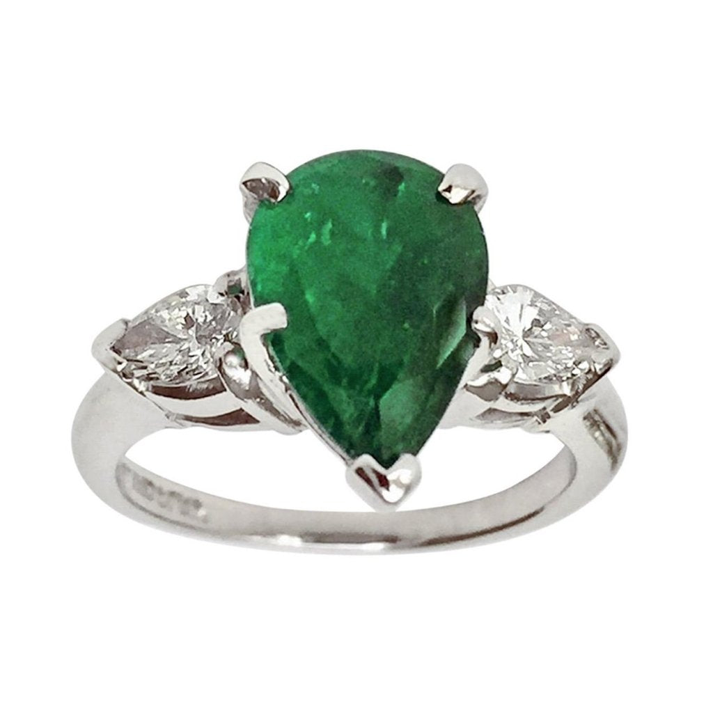 Antique Platinum, Emerald & Diamond Engagement Ring 3 Stone Pear Shape 2.76ct