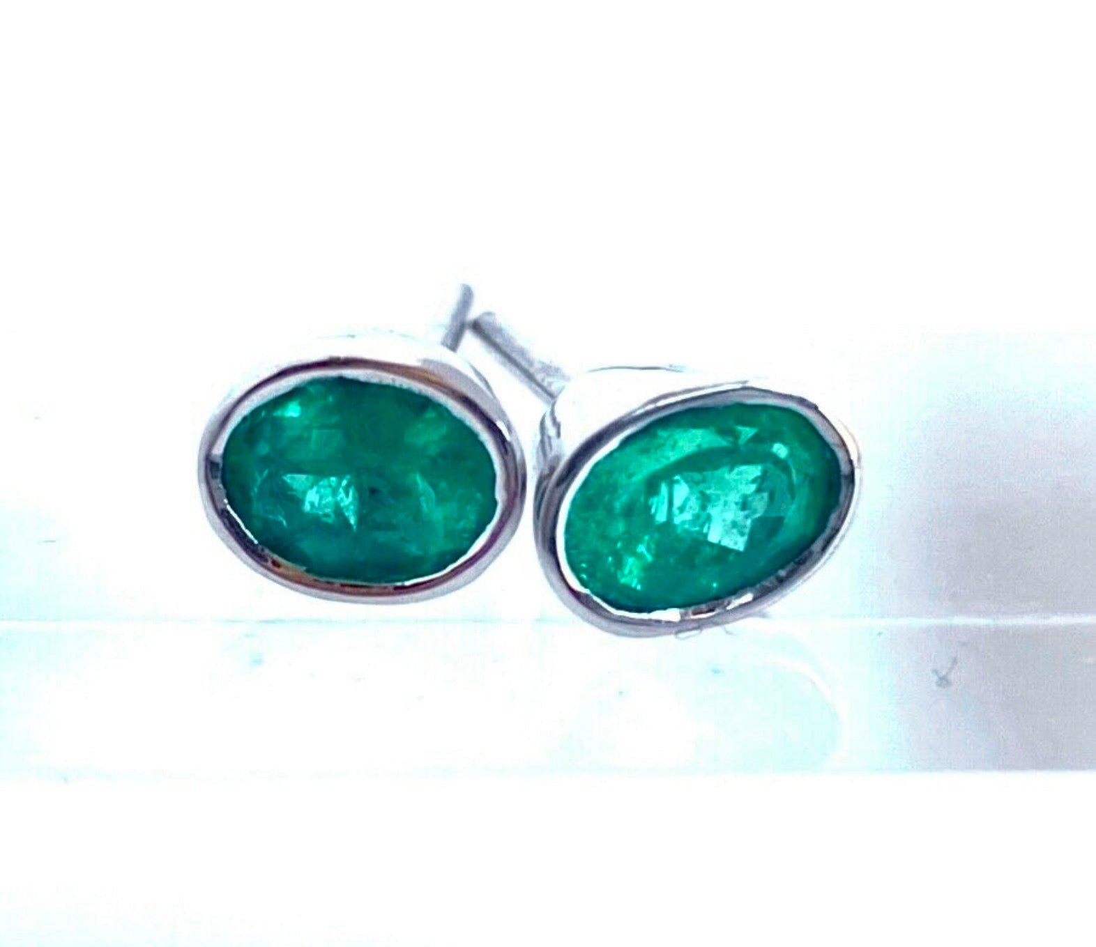 1.20 Carat Natural Colombian Emerald Oval Stud Earrings 18K
