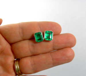 4.60ct AAA Green Color Colombian Emerald Stud Earrings 18K White Gold~One Of Akind