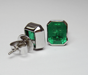 4.60ct AAA Green Color Colombian Emerald Stud Earrings 18K White Gold~One Of Akind