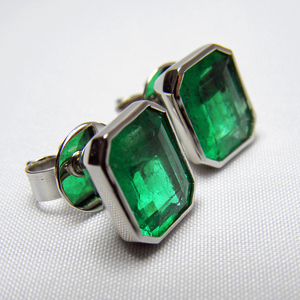 4.60ct AAA Green Color Colombian Emerald Stud Earrings 18K White Gold~One Of Akind