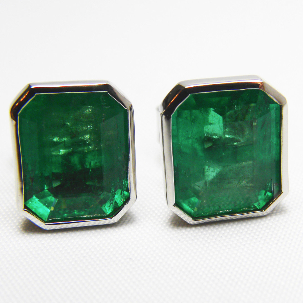 4.60ct AAA Green Color Colombian Emerald Stud Earrings 18K White Gold~One Of Akind