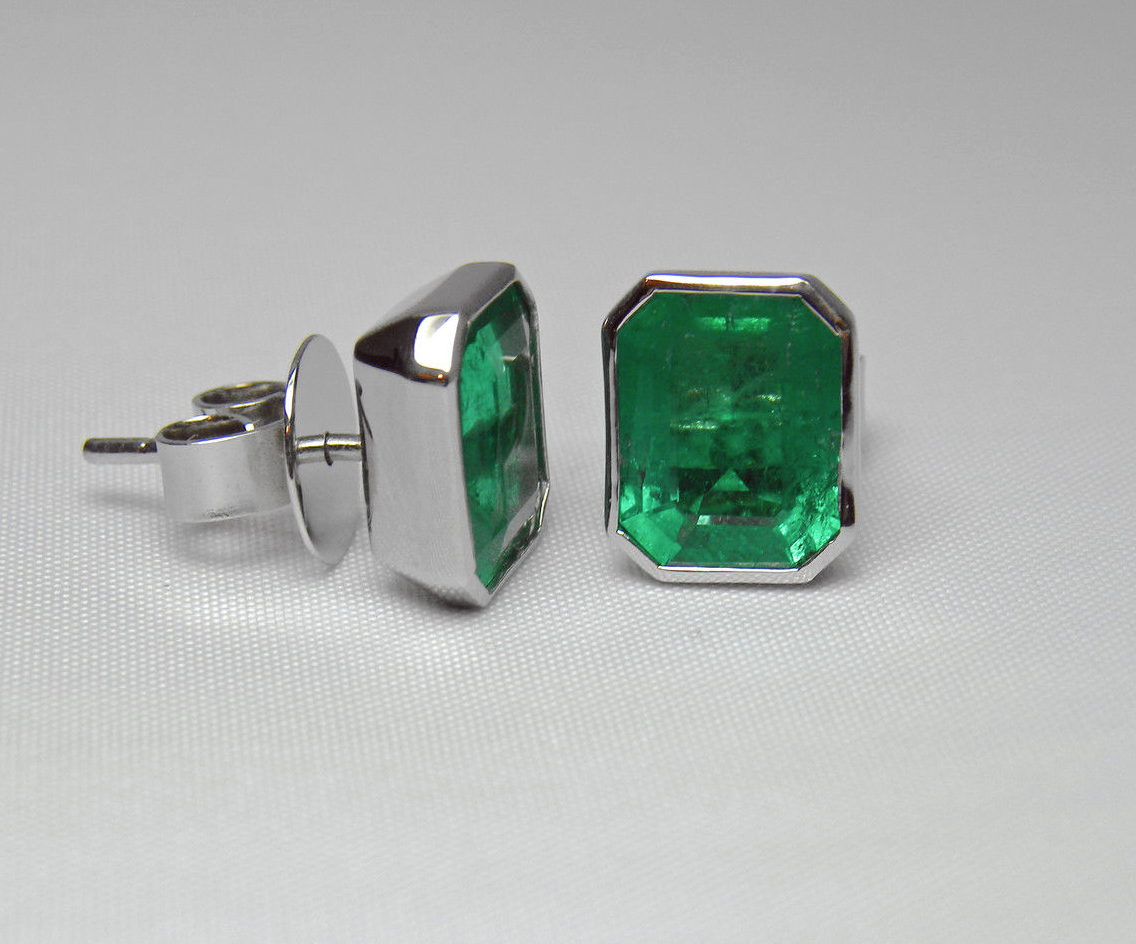 4.60ct AAA Green Color Colombian Emerald Stud Earrings 18K White Gold~One Of Akind