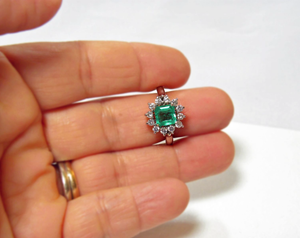 Natural Fine Colombian Square Emerald Diamond Engagement Ring 18K