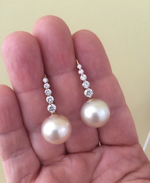 Estate Natural 14.5mm South Sea Pearl Diamond Drop Earrings 14K