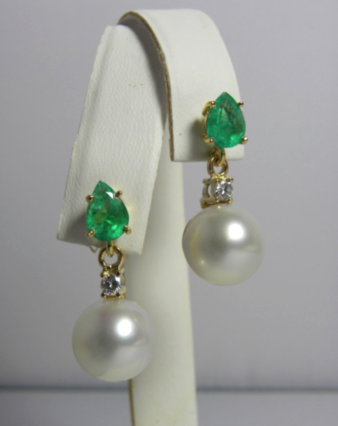 Natural Colombian Emerald Diamond Pearl Drop Dangle Earrings 18k Gold ...