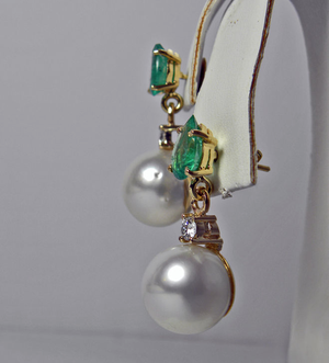 Natural Emerald Diamond & Pearl Dangle Earrings 18k Gold Gorgeous