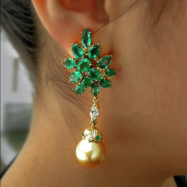 12.87ct Exceptional Emerald Diamond & Pearl Cluster Drop Dangle Earrings 18k