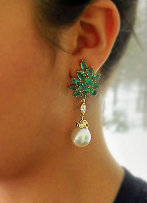 12.87ct Exceptional Emerald Diamond & Pearl Cluster Drop Dangle Earrings 18k