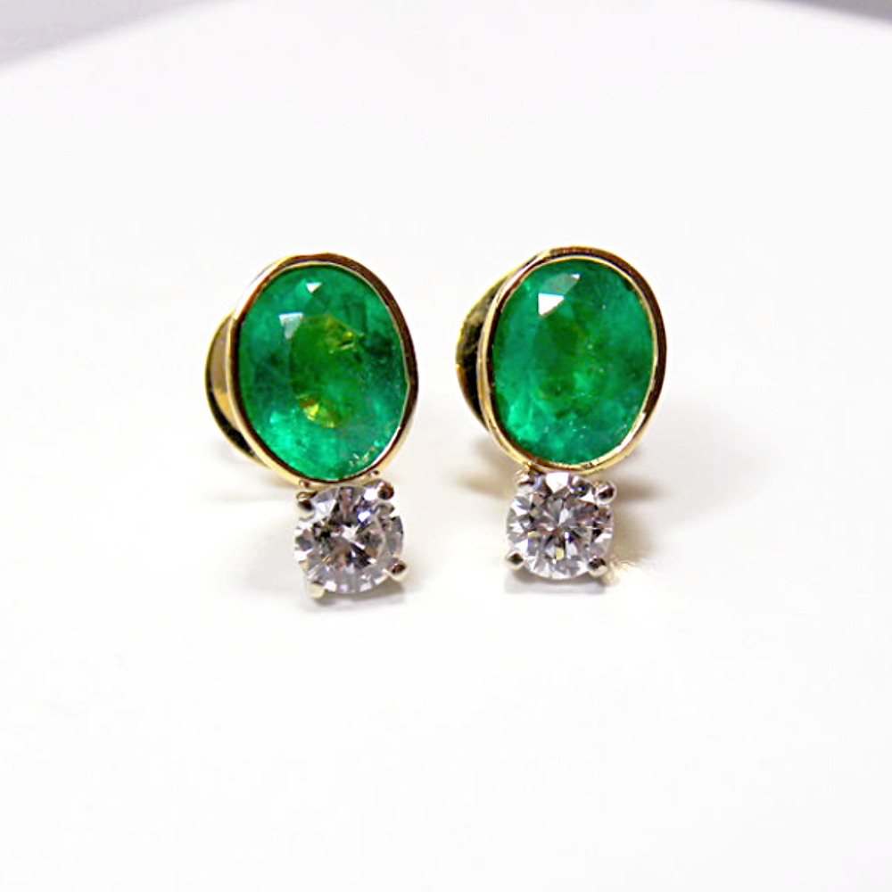 2.35 Carat Natural Colombian Emerald & Diamond Stud Earrings 18K