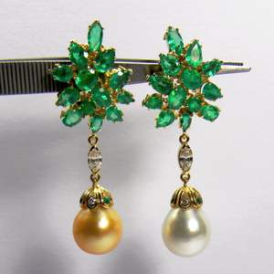 12.87ct Exceptional Emerald Diamond & Pearl Cluster Drop Dangle Earrings 18k