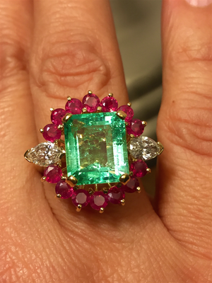 Certified Emerald Diamond & Ruby Cluster Cocktail Ring 18k