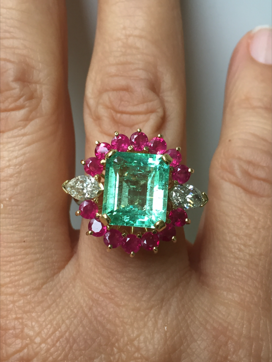 Certified Emerald Diamond & Ruby Cluster Cocktail Ring 18k