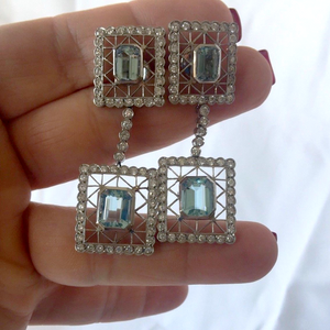 Antique style Aquamarine Diamonds Dangle Earrings 18K