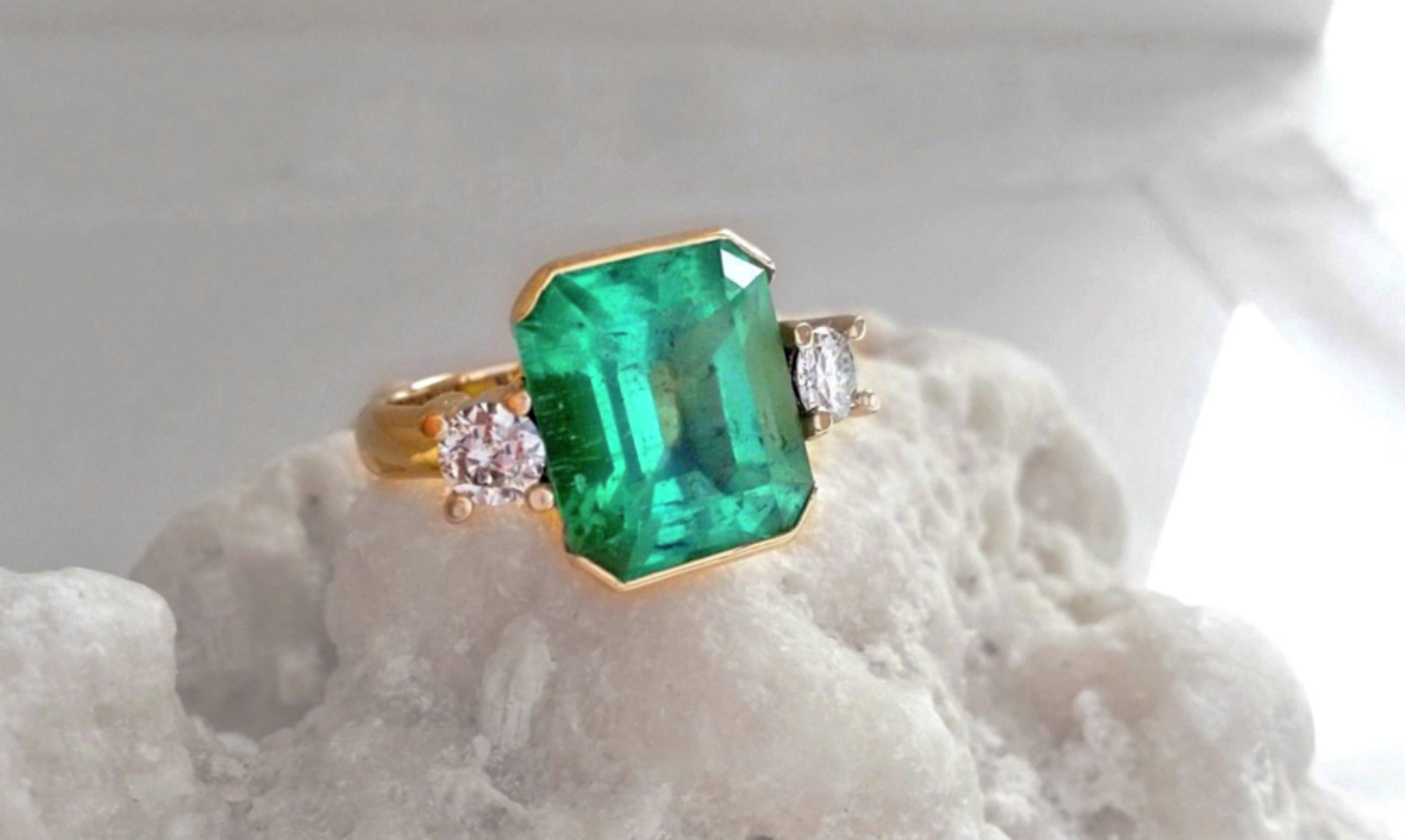 7.35ct AAA Natural Colombian Emerald Diamond Ring 18K Yellow Gold