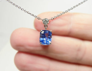 3.25 Carats Natural Blue Sapphire & Diamond Pendant Necklace Platinum 950