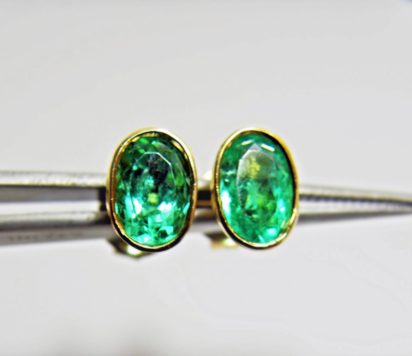 3.63 Carat Natural Colombian Emerald Oval Stud Earrings 18k Gold