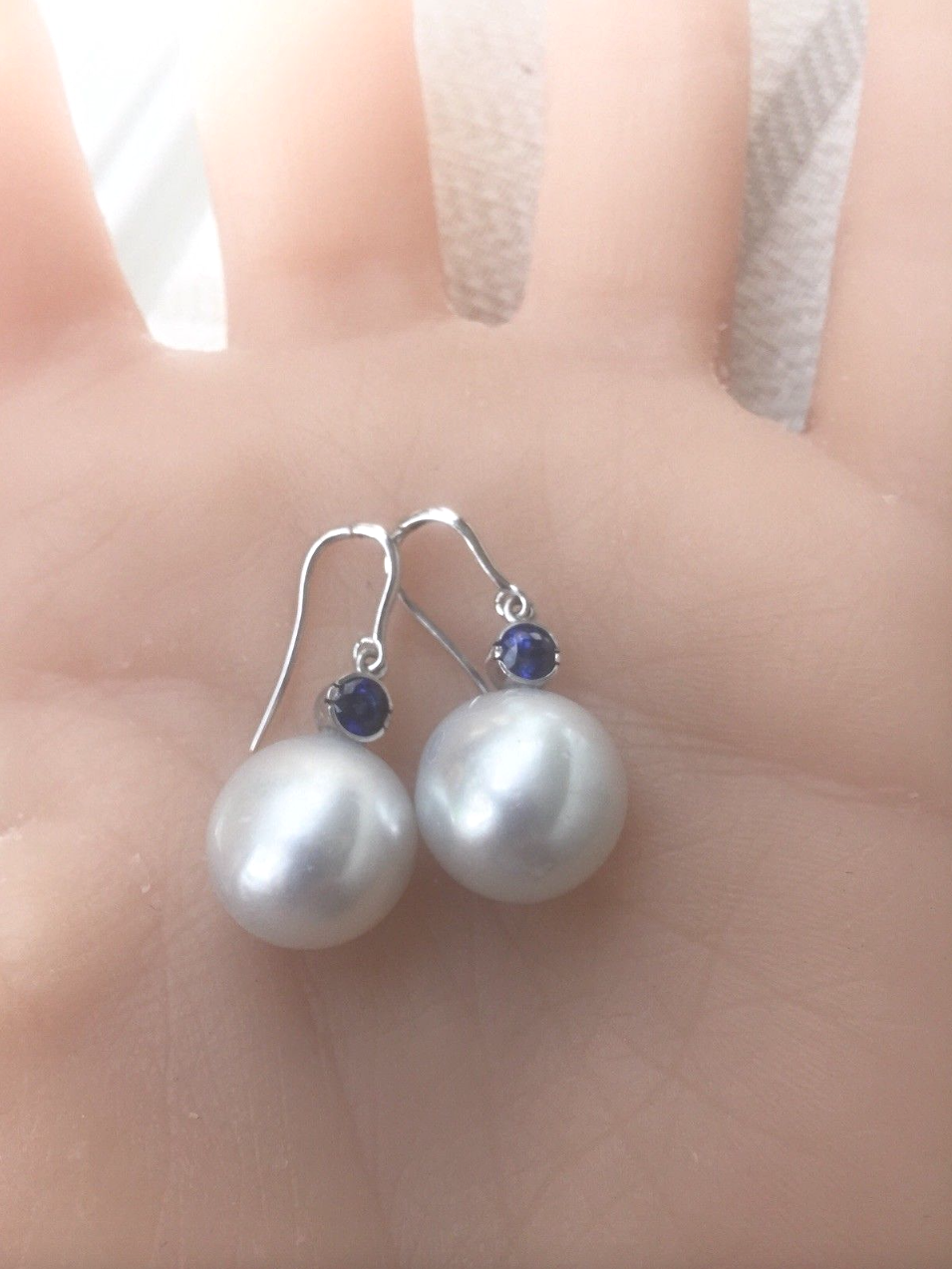 Natural 14mm South Sea Pearl Sapphire Drop Earrings 14K White Gold