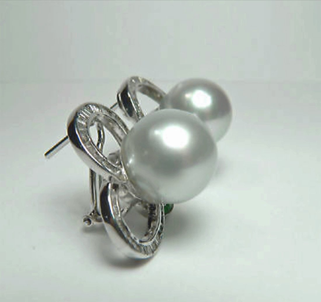 South Sea Pearl Diamond and Emerald Huggie Earrings 18K