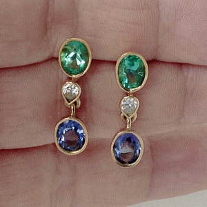 4.55ct Colombian Emerald Tanzanite and Diamond Dangle Earrings 18K Gold