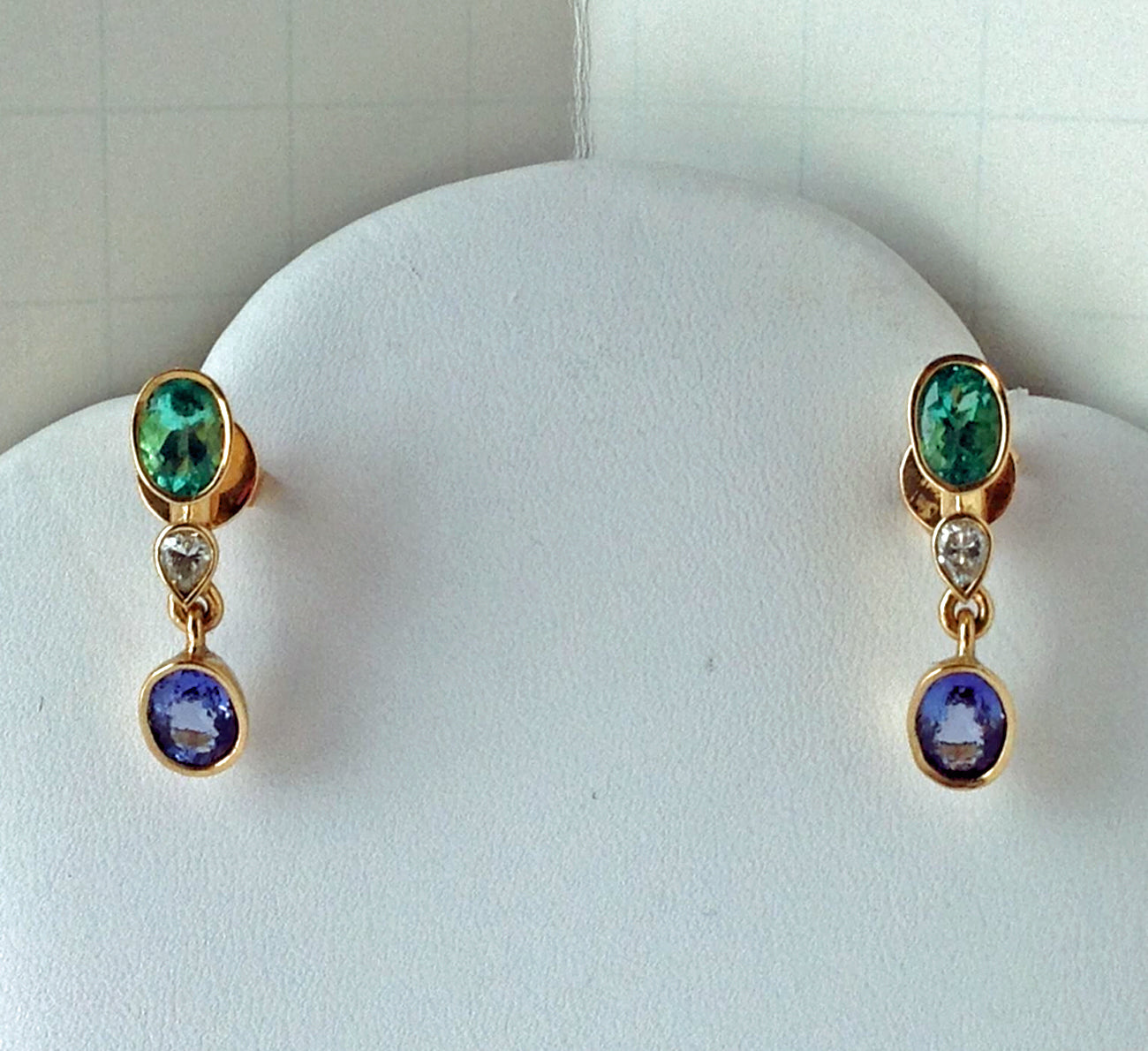 4.55ct Colombian Emerald Tanzanite and Diamond Dangle Earrings 18K Gold