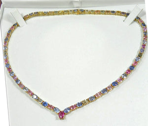 50.00 Carat Burma Unheated Blue/Pink/Yellow Sapphire Yellow Gold Drop Necklace