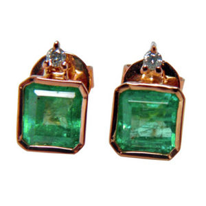 3.26ct AAA Natural Green Colombian Emerald Stud Earrings 18k Rose Gold